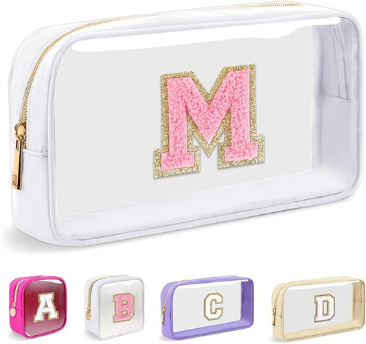 Small Clear Personalized Initial Makeup Bag,Nylon Preppy A-Z Chenille Letter Patch Cosmetic Pouch Beach Toiletry Bag,Waterproof Zipper Travel Purse Storage Bag Organizer for Women Girls(White-Pink M)