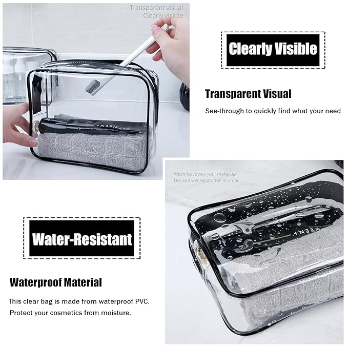 MODENGKONGJIAN TSA Approved Toiletry Bag, 3 Pcs Clear Toiletries Bags Quart Size Travel Makeup Cosmetic Bag for Women Men, Carry on Airport Airline Compliant Bag (Matte black)