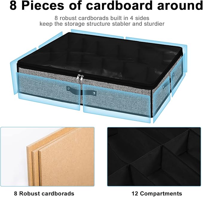 Under Bed Shoe Storage Organizer for Closet 2 Pack- Fits 24 Pairs Underbed Shoes Container Boxes with 2 Sturdy Handles and Clear Window,Foldable Shoe Rack Holder,Black