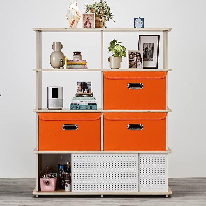 Linen Fabric Foldable Collapsible Storage Cube Bin Organizer Basket Fabric Storage Bins with Lid, Leather Handles, Removable Divider for Home, Closet, Orange