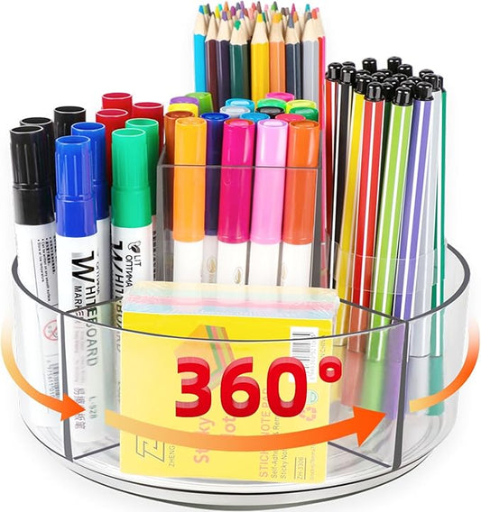 Rotating Acrylic Pen Holder for Desk, 360 Degree Spinning Pencil Holder Pen Organizer, 5 Compartments Kids Marker Holder Crayon Caddy Art Supply Storage Box Desk Organizer for Office Home School