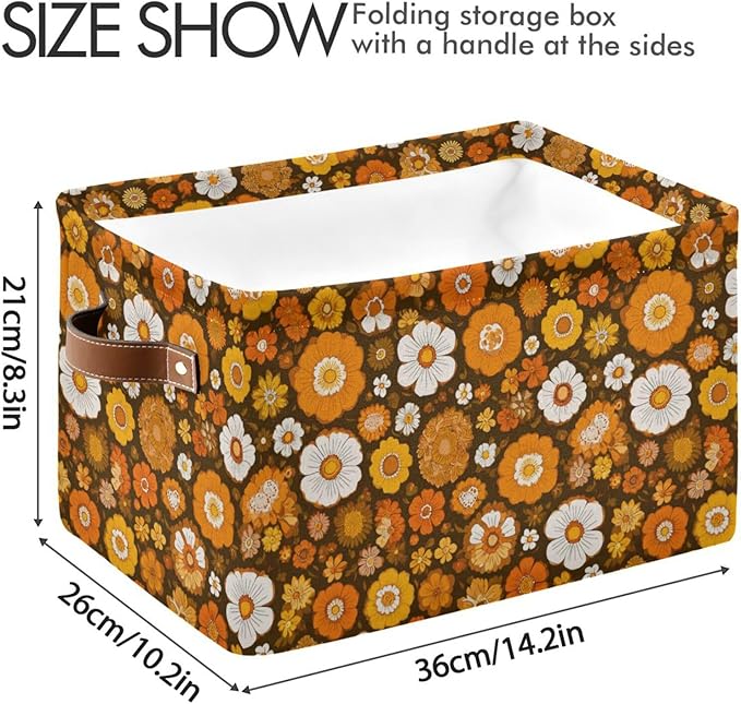 Aslsiy Storage Basket Orange 60s 70s Style Nursery Bins Retro Floral Baby Box Canvas Clothes Shelf Basket Laundry Hamper Gift Baskets for Home Closet 1 Pcs