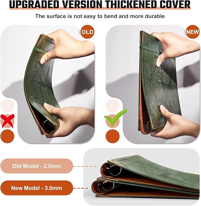 Ovesmusl Leather 3 Ring Binder Fits 8.5"x11" Letter Size Paper, 1 Inch Round Ring Binder Holds 200 Sheets, Notepad Paper Cover Loose Leaf Organizer, Brown Tree