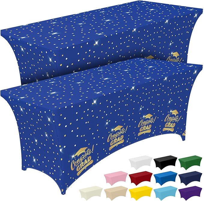 Pureegg Graduation Decorations 2026 Spandex Tablecloth 6ft - 2 Pack, Class of 2026 Blue Fitted Stretch Rectangle Table Cover, Wrinkle-Free Tight Tablecloth for Graduation Party, Banquet