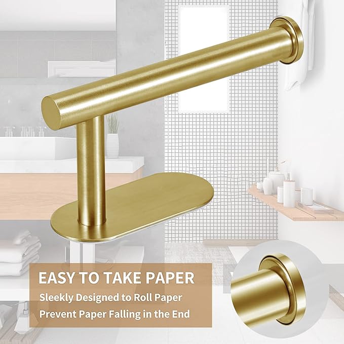 JOPOFI Toilet Paper Holder - Self Adhesive Toilet Paper Holder Wall Mount for Bathroom, Command Strip Stainless Steel Toilet Paper Roll Holder Stick On Wall, No Drilling - Brushed Gold