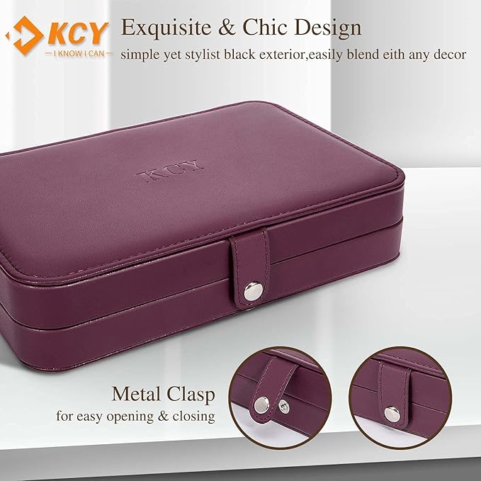 KCY Travel Jewelry Organizer Box for Women Girls, Small Travel Jewelry Case, PU Leather Portable Jewellery Storage Boxes Display Holder for Ring Earrings Necklace Bracelet Bangle, Gifts, Purple