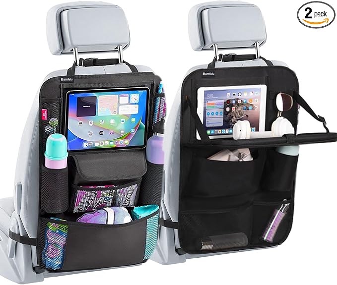 Back Seat Car Organizer with Foldable Table Tray of 2 Pack-Car Kick Mats Back Seat Protector with 12 Storage Pockets Tablet Holder for Family Travel Essentials (Black)
