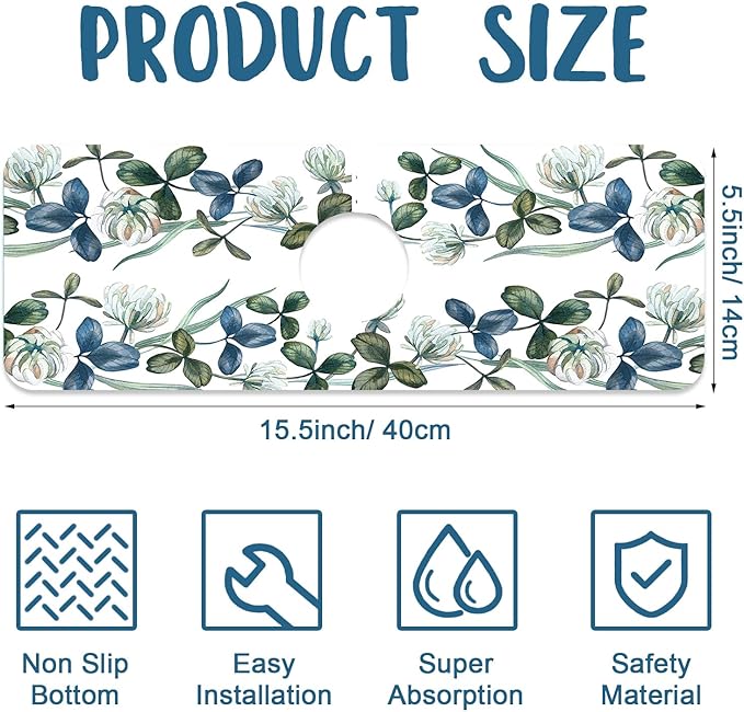 Watercolor Garland Flower Sink Splash Guard Faucet Mat Clover Leaves Super Absorbent Fast Drying Mat Sink Gadgets-Splash Guard Behind Faucet Drip Catcher for Kitchen Bathroom, 15.5"x5.5"
