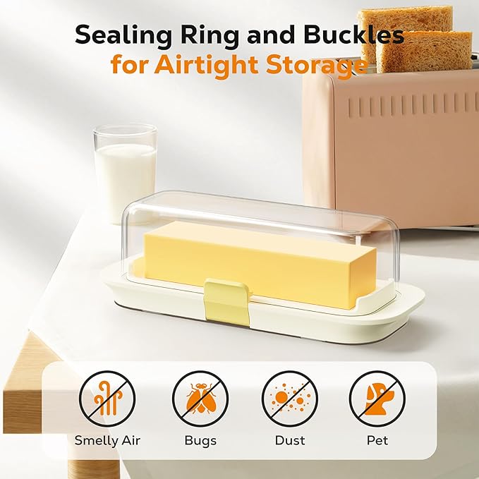 Butter Dish with Lid for Countertop and Refrigerator Door Shelf, Airtight Butter Keeper Container, Locking Butter Holder for East/West Coast Butter, BPA-free, Microwave/Dishwasher Safe