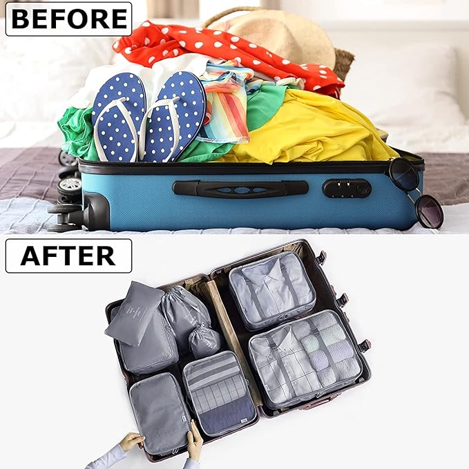 LANSKLBD 8 Set Packing Cubes for Suitcases Travel Luggage Packing Organizers,Travel Essentials Accessories Luggage Organizer with Shoe Bag Toiletry/Laundry Bag（Grey）