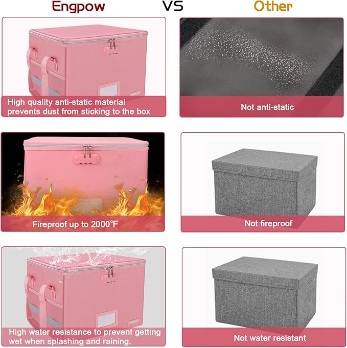 ENGPOW File Box with Lock, Fireproof Document Box with Zipper & Pockets, Collapsible File Organizer Filing Storage Cabinet with Handle, Portable Home Office Safe for Hanging Letter/Legal Folder, Pink