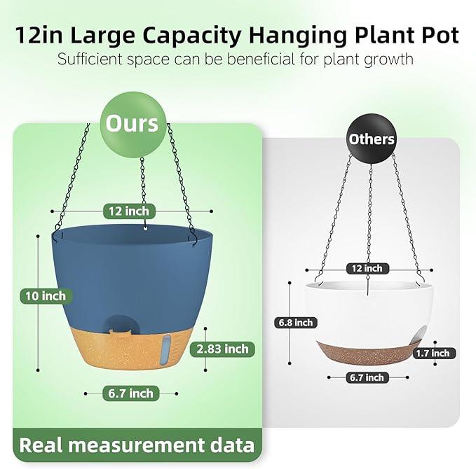 ZMTECH 12 Inch Hanging Planters for Indoor Plants & Outdoor, Self-Watering Hanging Pots with Drainage Holes, Visual Reservoir, Plastic Hanging Baskets for Outdoor Garden Home Decor, Blue