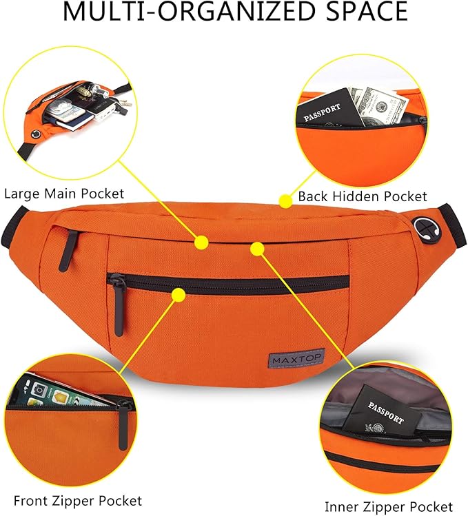 MAXTOP Large Crossbody Fanny Pack with 4-Zipper Pockets, Gifts for Enjoy Sports Festival Workout Traveling Running Casual Hands-Free Wallets Waist Pack Phone Bag Carrying All Phones