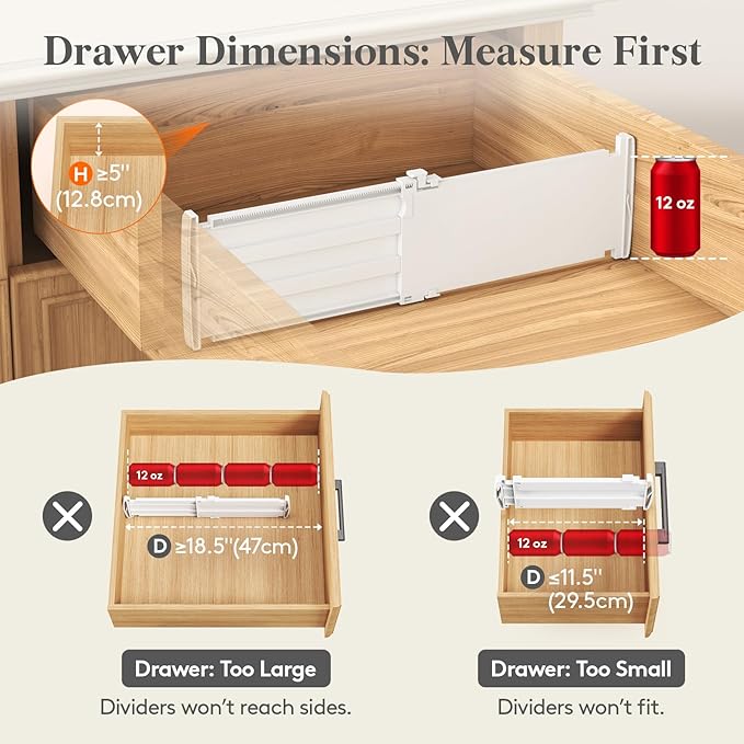 Lifewit 6 Pack 5" High Drawer Dividers for Clothes, 11.5"-18.5" Expandable Dresser Drawer Organizers, Adjustable White Plastic Separators for Kitchen, Cabinet, Nursery, Socks & Underwear Storage