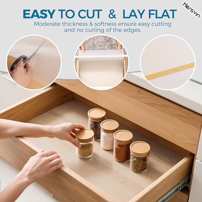 Hersvin Shelf Liners 26 in x 20 ft EVA Drawer Mats, Non-Adhesive Cupboard Protector, Kitchen Cabinet Lining Fridge Liner (Clear Stripe, 66x610cm)