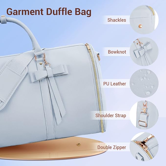 Garment Bags for Travel, Convertible Suit Travel Bag for Women, Stylish Carry On Garment Bag with Toiletry Pocket, Shoulder Strap and Shoes Compartment, 2 in 1 Foldable PU Leather Duffle Bag, Blue