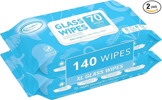 Air Jungles Glass and Window Cleaner Wipes 70 Count (Pack of 2), Extra Large 8" x 10" Size Cleaning Wipes for Car Windshield, Headlight, Mirror, Tile and Home Glass Surface