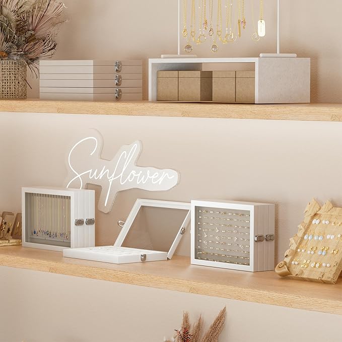 Lolalet Jewelry Organizer Tray with Lid, 18 Hooks Velvet Necklace Organizer Holder Storage Box for Drawer -Beige