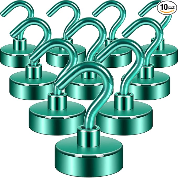 Neosmuk Magnetic Hooks, Heavy Duty 40lb+ Strong Magnet Hook for Cruise Cabins, Cruise Ship Essentials for Hanging, Metal Wall Refrigerator Hangers (Green, 10 Pack)