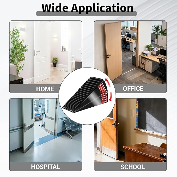ZDZQJIA Heavy Duty Door Stoppers for Bottom of Door - Adjustable Spring Large Door Stop Wedge, Anti-Slip Rubber Grip,3" High Metal Doorstop Suits Carpet,Tile,Commercial,Home-Black2Pc+2 Wall Protectors