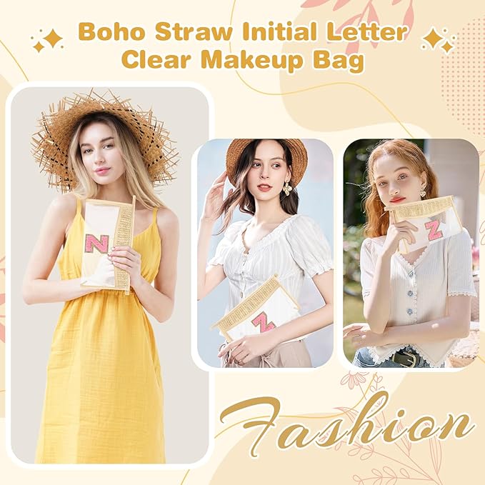 Small Boho Straw Initial Letter Makeup Bag Personalized Gift ,Cute Clear Chenille Patch Makeup Bag With Zipper,Trendy TSA Approved Travel Toiletry Bag,Gift for Women Girls Birthday Friend, Letter Z