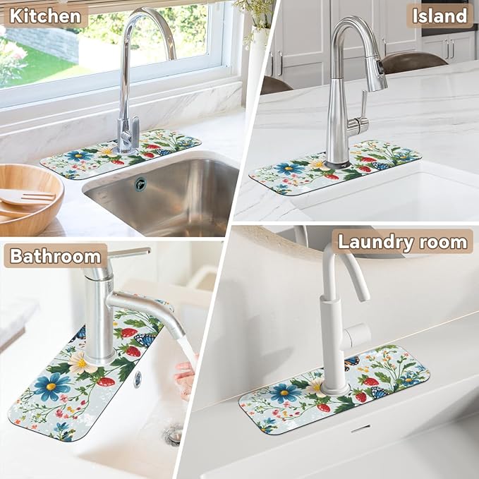 1 PC 15.4*5.7 Inch Absorbent Faucet Mat for Kitchen, Butterfly Sink Splash Guard, Fast Drying Kitchen Faucet Mat for Bathroom Kitchen