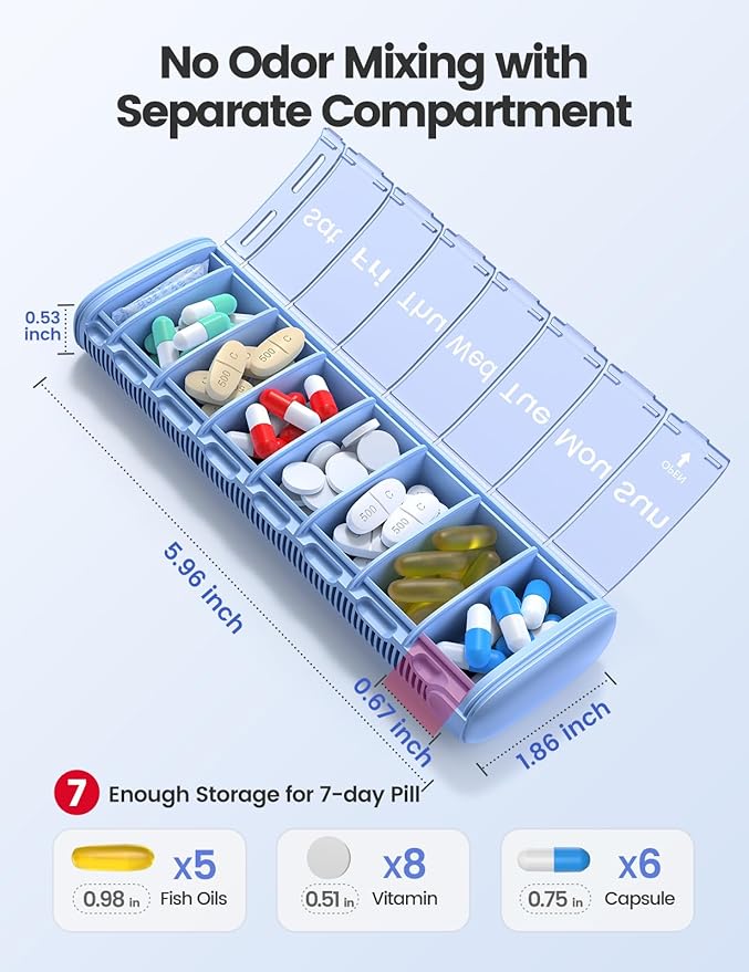 Vaydeer Metal Travel Pill Organizer – Compact Weekly Pill Box for Daily Medication – Portable Small Pill Case for Vitamins, Pills & Supplements (Blue)