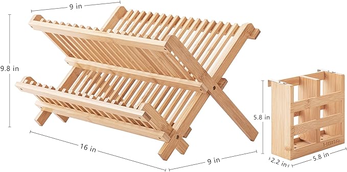 HBlife Dish Rack, Bamboo Folding 2-Tier Collapsible Drainer Dish Drying Rack with Utensils Flatware Holder Set (Dish Rack with Utensil Holder)