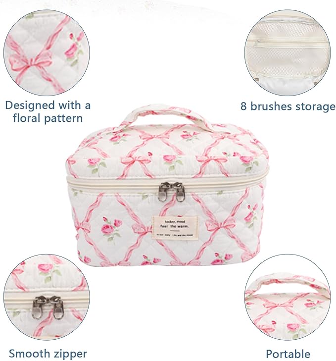 Large Makeup Bag, Cute Cosmetic Bag for Women Girls, Floral Coquette Aesthetic Toiletry Bag, Travel Make Up Organizer Bag (Pink Butterfly)