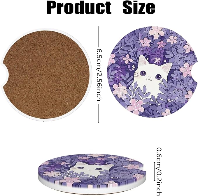 Car Cup Holder Coasters, 2 Pcs Ceramic Coasters with Cork Back and Finger Slot, Anti-Slip Shock Absorbing Women and Men Universal Car Accessories - White Little Cat