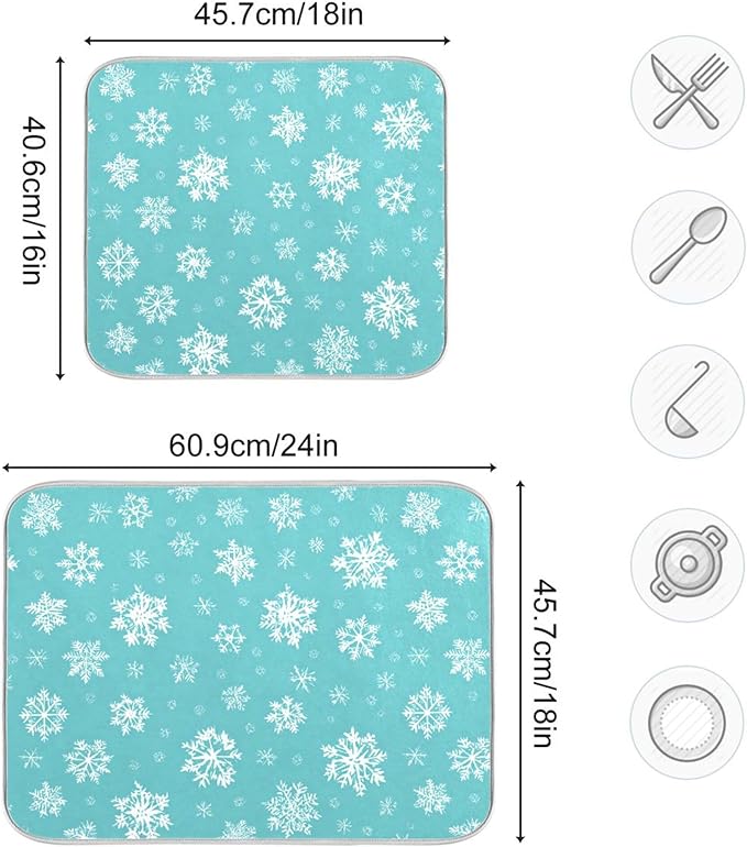 Winter Snowflake Turquoise Dish Drying Mat for Kitchen Countertop 16x18 Christmas Snow Aqua Xmas Small Drying Mat Reusable Quick Dry Dish Sink Mats Easy Clean Decorative Essentials