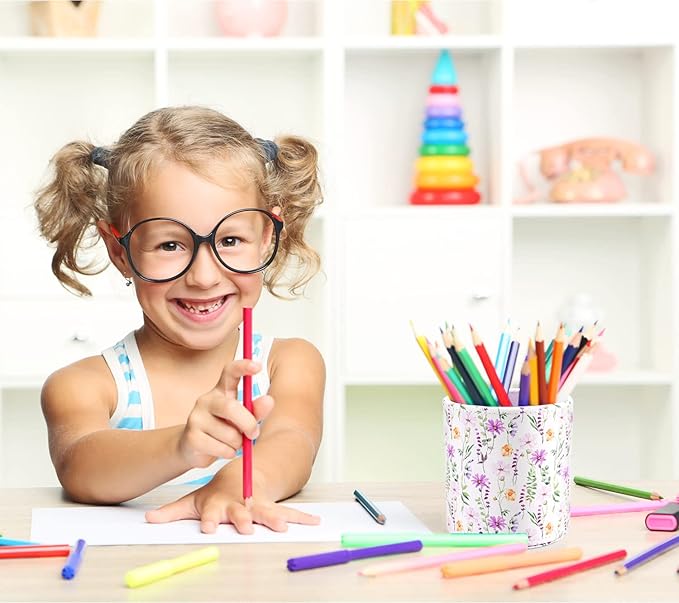 WAVEYU Pen Holder, Makeup Brush Holder Leather Cute Vintage Flowers Pattern Pencil Cup for Girls Kids Women Durable Stand Desk Organizer Storage Gift for Office, Classroom, Home, Cute Flower