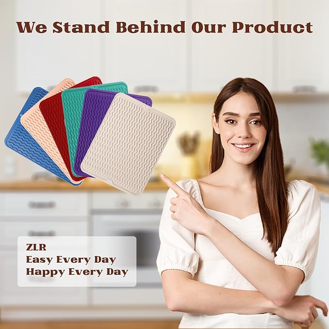 ZLR Silicone Dish Drying Mat for Kitchen Counter, Eco-Friendly Fast Dry Dish Mat, Easy Clean Multi Usage Drying Matt, Heat Resistant Trivet, 12" x 12" Middle, Lave Red