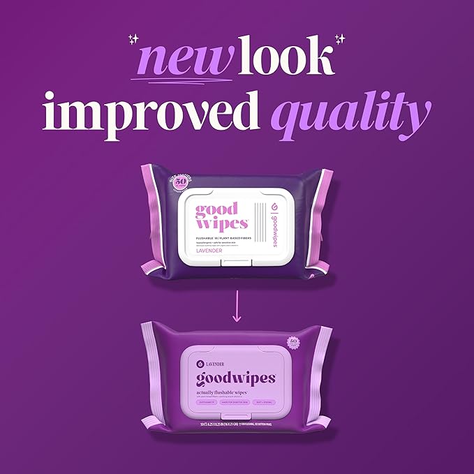 goodwipes Flushable Wipes Bulk Pack, Lavender Adult Wet Wipes for Women & Men, Sewer & Septic Safe, Toilet & Bathroom Essentials, Extra Large, 418 Count (8 Packs and 1 Travel Pack)