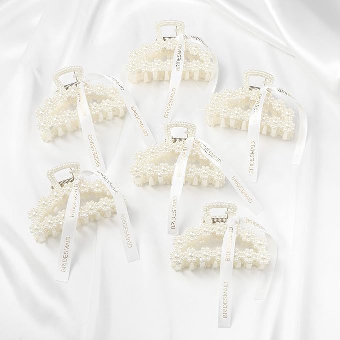 DEEKA Bridesmaid Proposal Gifts 8 Pack Pearl Bridesmaid Hair Claw Clips with Ribbon 3 Inch Hair Clips Bachelorette Party Favors Bridal Party Present Hair Accessories (Half Circle)