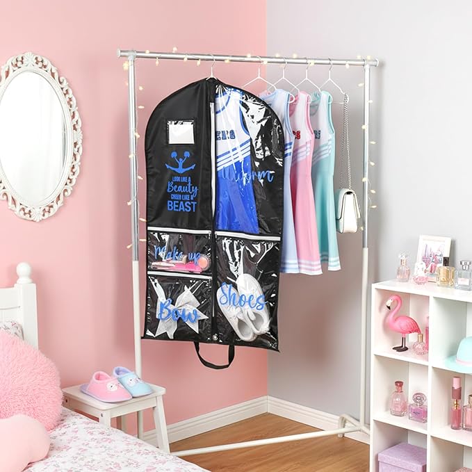 DEEKA Cheer Garment Bag for Hanging Clothes with Zipper Pockets Cheer Accessories Mom Essentials Uniform Costume 40 Inch Black Bags Stuff for Cheerleading Girls (Black,Blue-Cheer Quote)