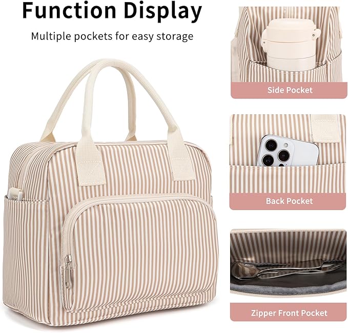 Lunch Bag Women Lunch Box for Women Adult Cute Insulated Lunch Bag Lager Cooler Lunch Tote Bags for Work Picnic (Brown Stripes)