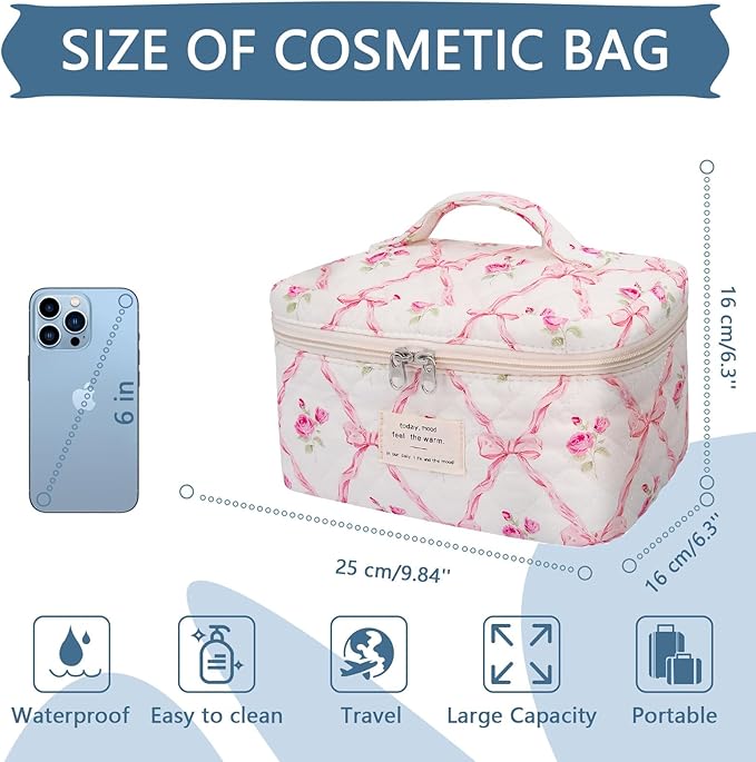 Large Makeup Bag, Cute Cosmetic Bag for Women Girls, Floral Coquette Aesthetic Toiletry Bag, Travel Make Up Organizer Bag (Pink Butterfly)