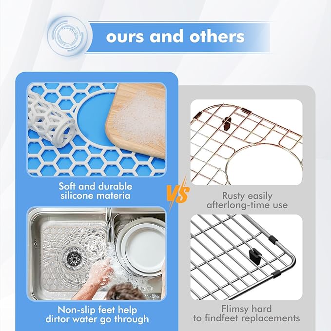2 Pack Silicone Sink Protectors for Kitchen Sink - 12" x 11" Kitchen Grid Accessory, Non-Slip Heat-Resistant Mat for Bottom of Porcelain Stainless Steel, Dishwasher Safe (White)