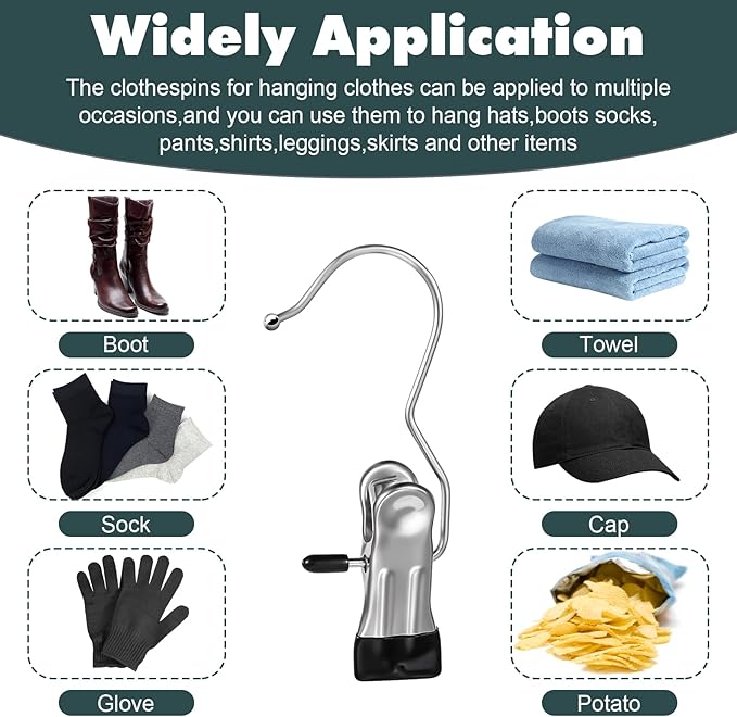 100 Pack Boot Hanger Clips Hooks, Heavy Duty Laundry Hooks with Clip, Portable Stainless Steel Clothes Pins Boot Clips for Hanging, Socks Towels Hats Pants Holder for Travel, Closet