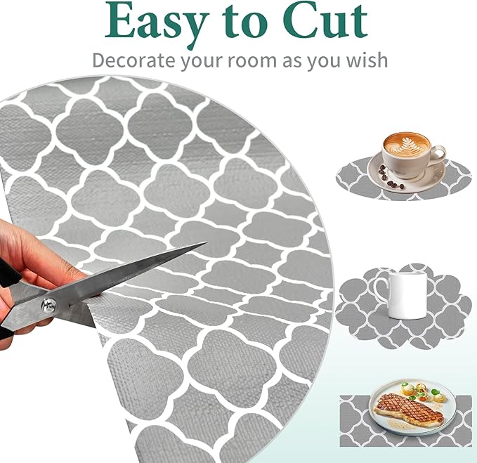 Shelf Liners for Kitchen Cabinets 17.3in x 30FT Non Adhesive Drawer Liner Gray Quatrefoil Thickened Shelf Liner Strong Non-Slip Easy to Clean for Tool Box Refrigerator with Knife and Tape Measure