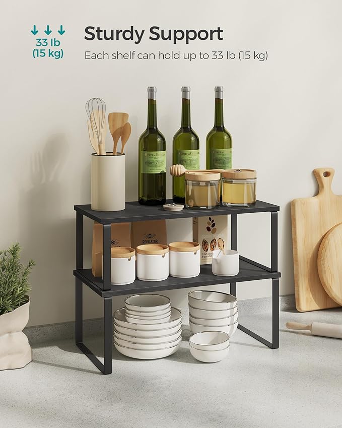 SONGMICS Cabinet Organizer Shelf, Set of 2 Kitchen Counter Shelves, Kitchen Storage, Spice Rack, Stackable, Expandable, Metal and Engineered Wood, Ink Black and Charcoal Black UKCS025B01