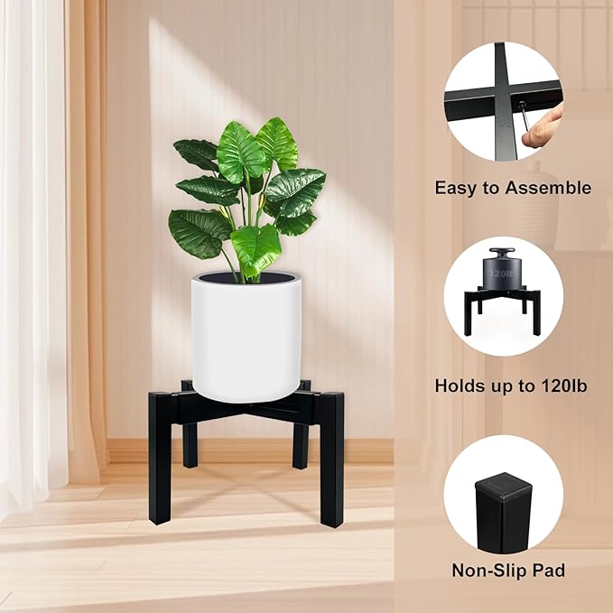 2 Pcs Heavy Duty Adjustable Metal Plant Stand for 10"-16" Plant Pot – Indoor & Outdoor (Black 2 Pack)