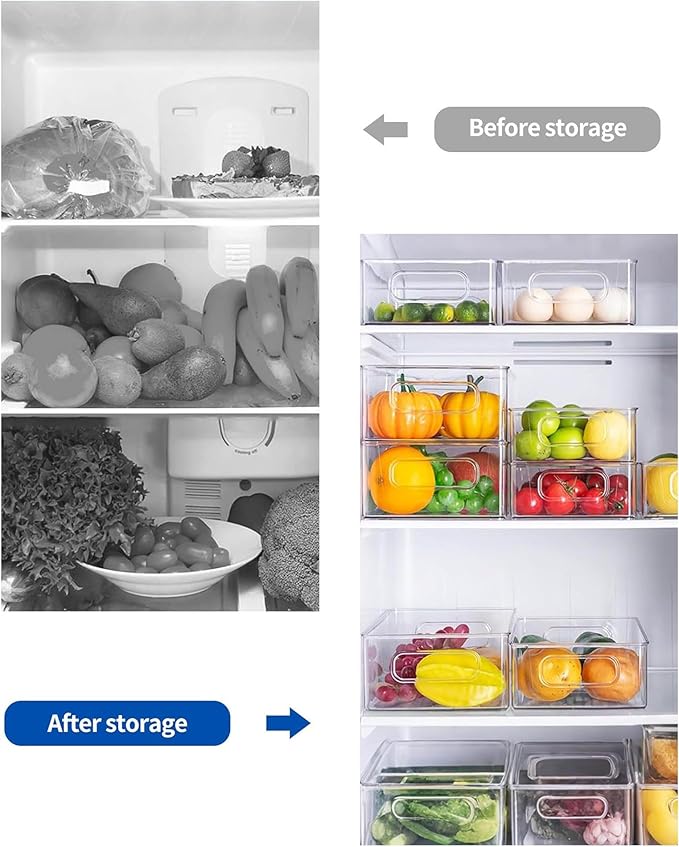 Refrigerator Organizer Bins 12 Pack Fridge Organizers with Handles Clear Freezer Storage Containers for Pantry, Cabinets,Shelves, Drawer – Plastic Kitchen Organizers