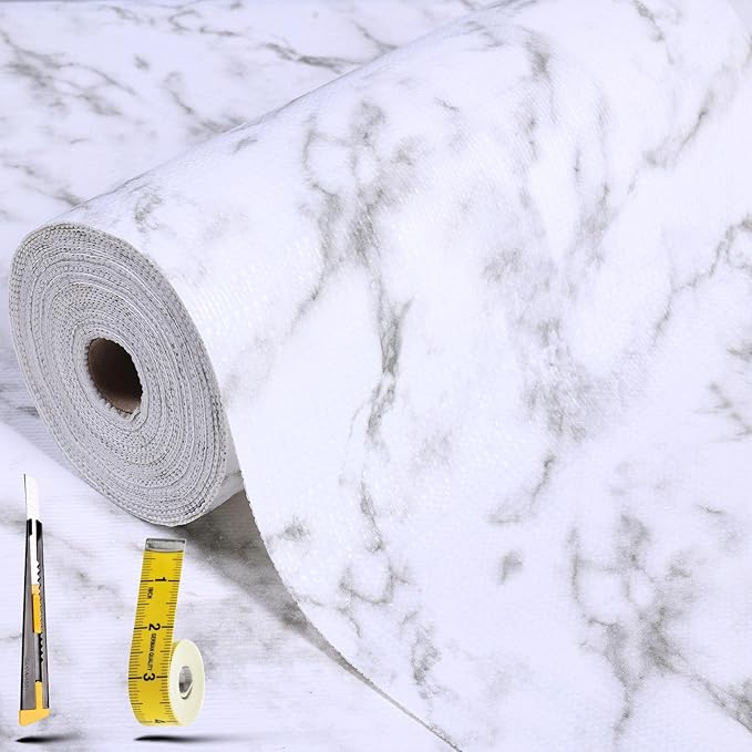 Shelf Liners for Kitchen Cabinets 12in x 30FT, Non Adhesive Drawer Liner Marble Pattern Thickened Shelf Liner Non-Slip Easy to Clean for Tool Box Refrigerator with Knife and Tape Measure
