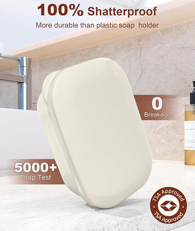 Quatish Leakproof Soap Dish with Lid & Draining Layer, Shatterproof Travel Bar Soap Holder Case Container, Portable Travel Size Toiletries Essentials for Camping, Gym, Bathroom, Beige