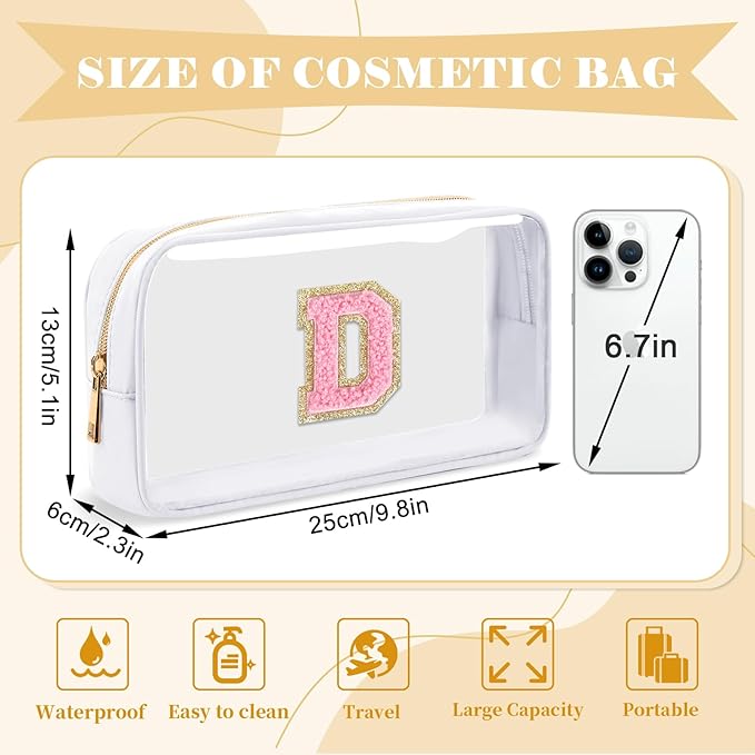 Personalized Initial Letter Clear Makeup Bag, Preppy Small Nylon & PVC Cosmetic Zipper Bag with Chenille Letter, Travel Skincare Toiletry Bag, Monogram Christmas Gift for Teen Girls Women, D