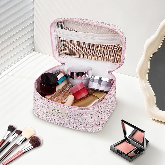 Large Makeup Bag, Cute Cosmetic Bag for Women Girls, Floral Coquette Aesthetic Toiletry Bag, Travel Make Up Organizer Bag(Small Pink Floral
