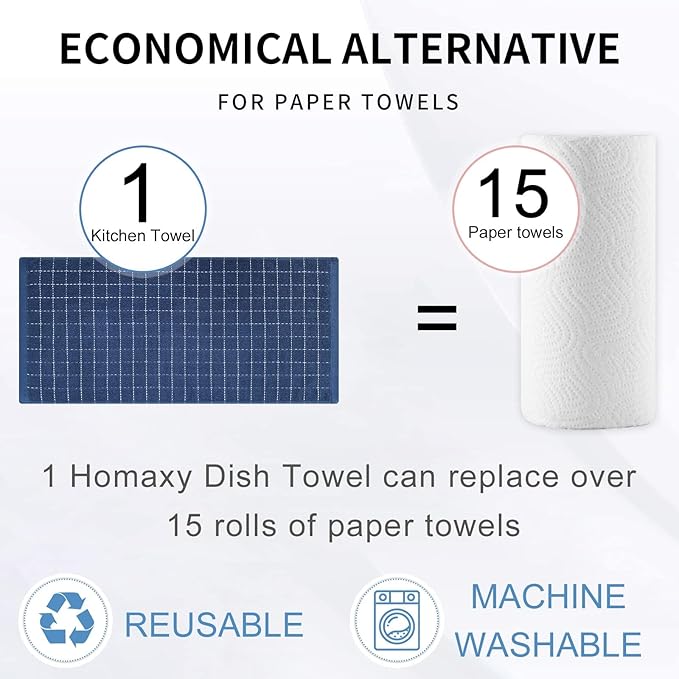 Homaxy 100% Cotton Terry Kitchen Towels(Navy Blue, 13 x 28 inches), Checkered Designed, Soft and Super Absorbent Dish Towels, 18 Pack