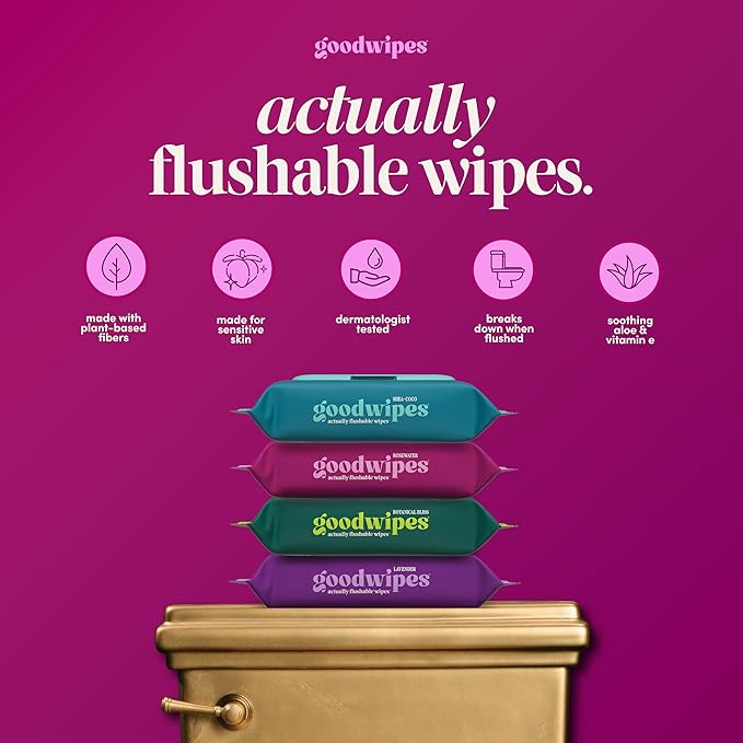 goodwipes Flushable Wipes - Rosewater Wet Wipes for Adults, Sewer & Septic Safe, Guest Bathroom Essentials for Women & Men, pH Balanced & Extra Large, 153 Count (3 Packs and 3 Singles)